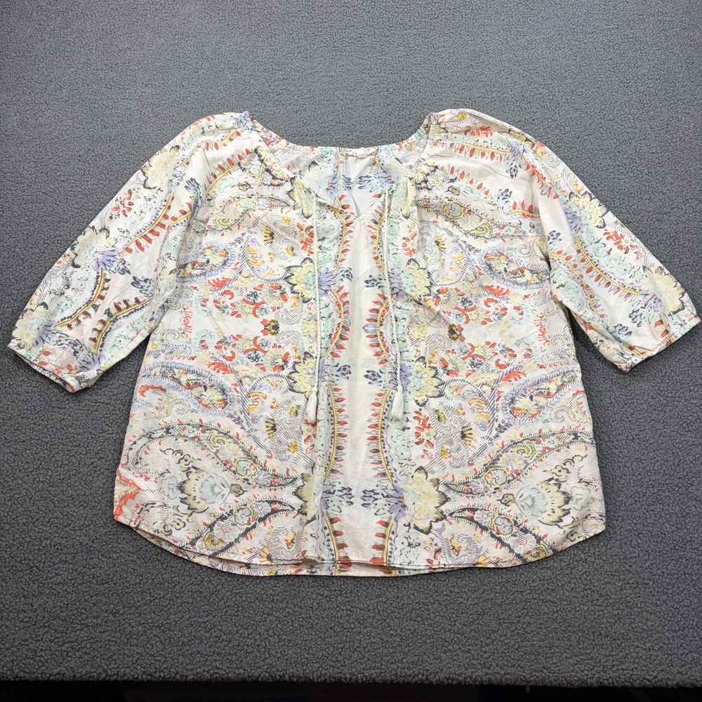 Lucky Brand Blouse Womens XL White Paisley Peasant Tassel Tie Cotton 3/4 Sleeve